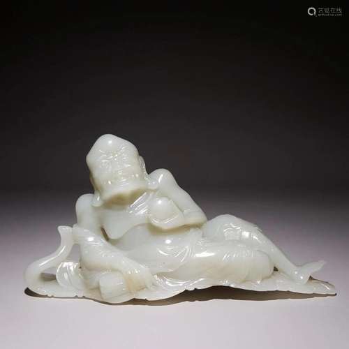 A Rare Carved Hetian Jade Figure of Lohan