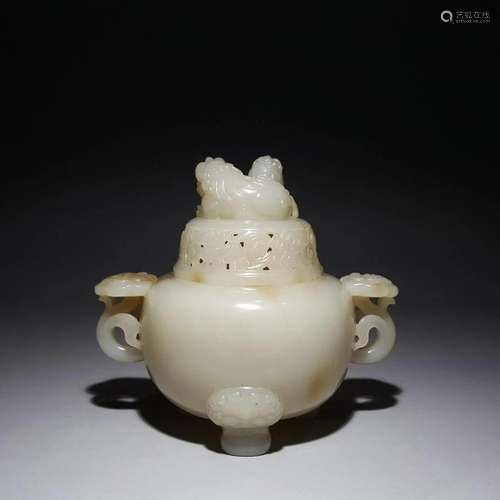 A Top and Rare Carved Hetian Jade Ruyi Ears Censer