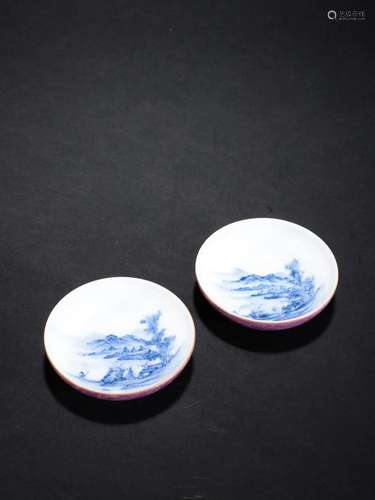 A Pair of Blue and White Landscape Pattern Cups