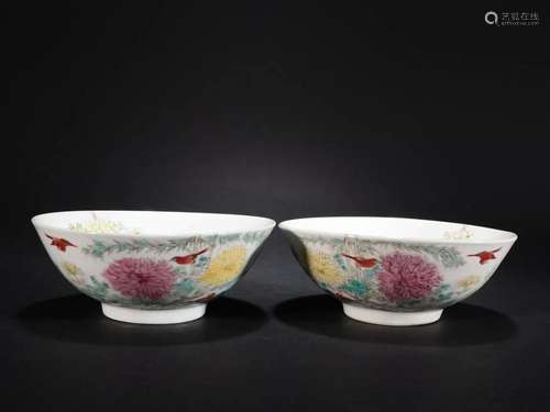 A Pair of Famille-rose 'Flowers and Birds' Bowls