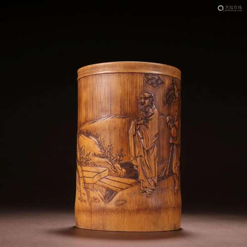 A Fine and Rare Carved Bamboo Characteer Story Pen Holder