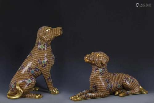 A Pair of Gilt-bronze Cloisonne Enamel Dog Ornaments