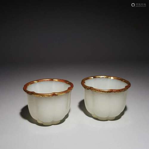 A Pair of Top and Rare Heitan Jade Inlaid Gilt-silver Cups