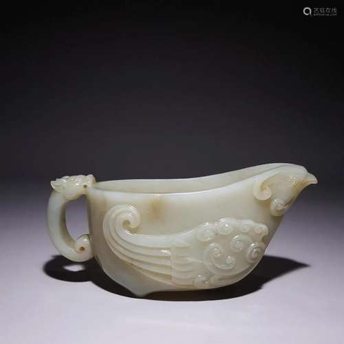 A Rare Carved Hetian Jade Chi-dragon Ears Cup