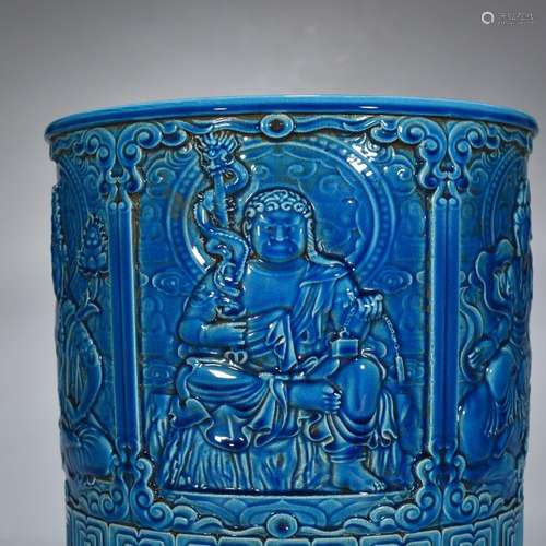 The peacock blue glaze carving of Buddha figure pen containe...