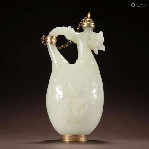 A Top and Rare Hetian Jade Inlaid Gold Dragon Pot