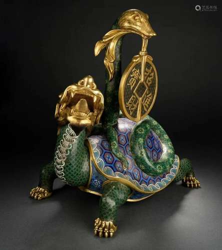 A Rare and Top Gilt-bronze Cloisonne Dragon Turtle Ornament