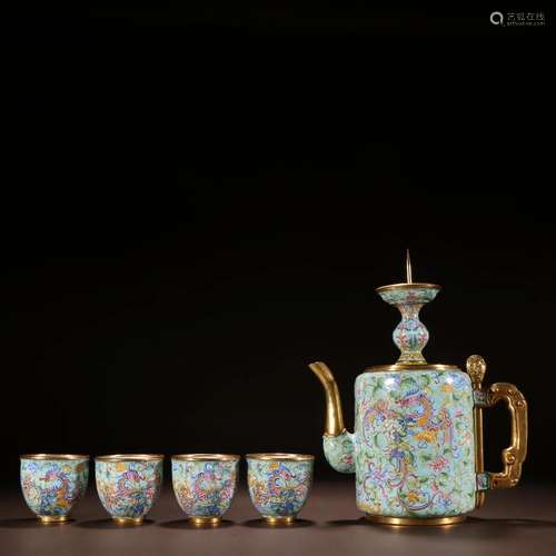 A Set of Rare Gilt-bronze Enamel Teapot and Cups