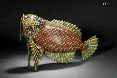 A Rare and Fine Gilt-bronze Cloisonne Enamel Fish Ornament