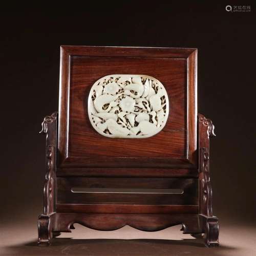 A Fine Red Wood Inlaid Jade Table Screen