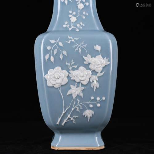 Powder blue glaze heap carved flower grain square bottle ant...