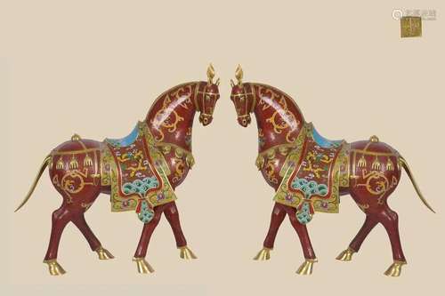 A Pair of Rare Gilt-bronze Cloisonne Enamel Horse Ornaments