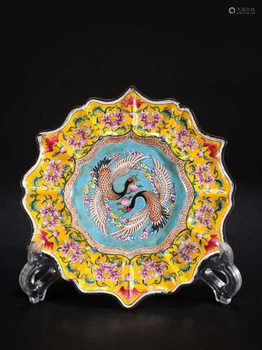 A Rare Copper Painted Enamel Pheonix Pattern Plate