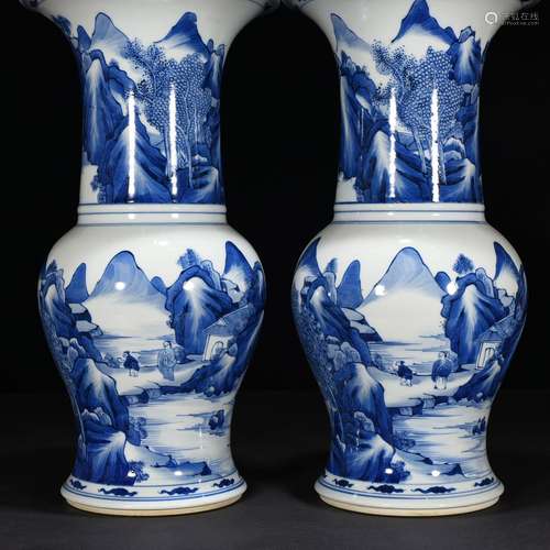 Blue and white landscape character lines flower vase with PN...