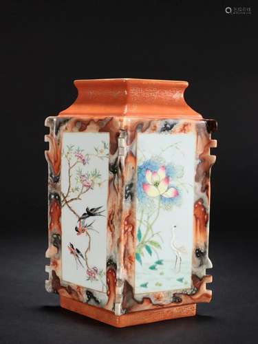 A Rare Stone Glazed 'Flowers and Birds' Square Vase