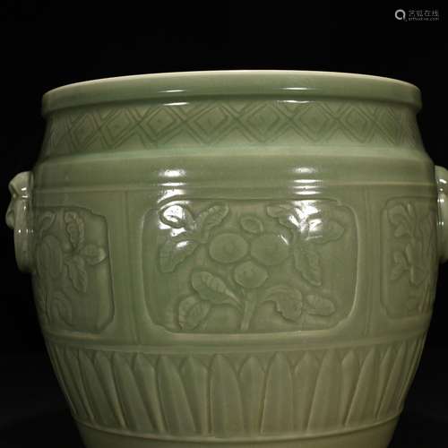 Longquan plum green glaze engraved fold branch flowers grain...