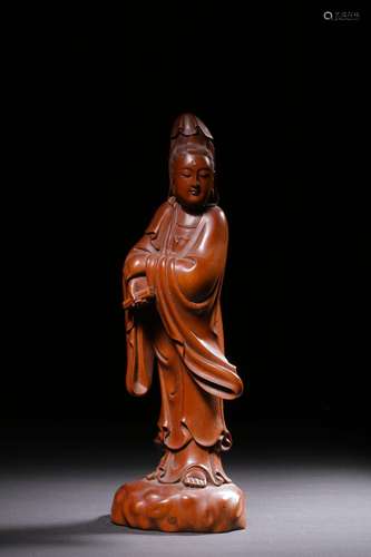 Boxwood carving with the guanyin stands resemble foreign exc...