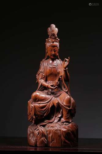 Boxwood carving lotus guanyin caveSize: 42 cm high, 17.5 cm ...