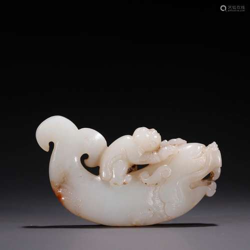 Old hetian jade, the boy riding a dragon fish carvingsSpecif...