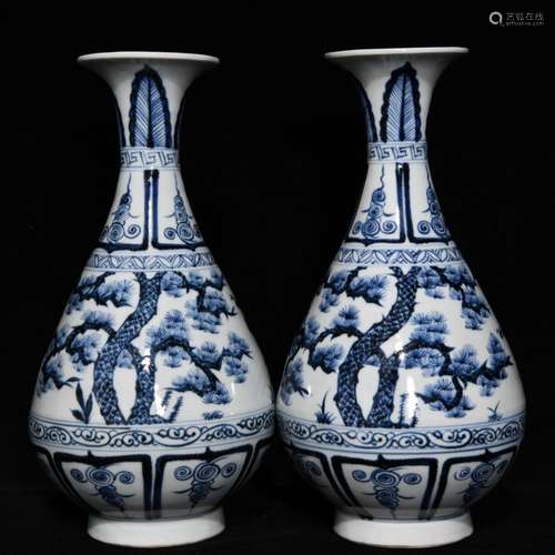 Blue and white shochiku MeiWen okho spring bottle, 29 cm hig...