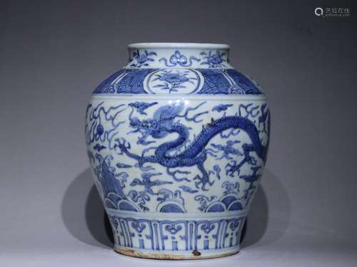 Blue and white painted dragon tank - 14 cm high 28.3 cm diam...