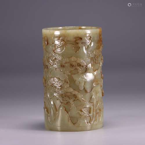 : hetian jade "pine crane live beaming" brush potS...