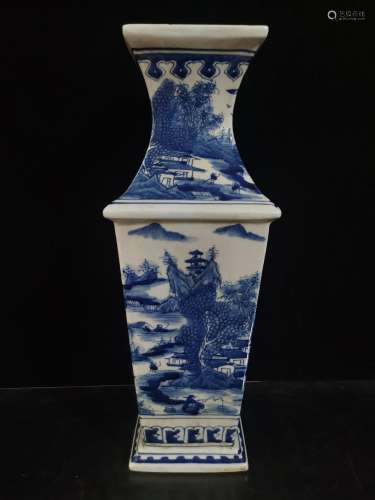 Blue and white landscape, hand-drawn square bottle a pair