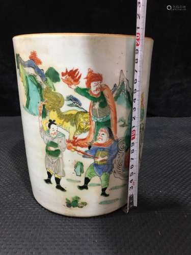 Three British war lyu3 bu4 brush pot, hand-painted pastel ch...