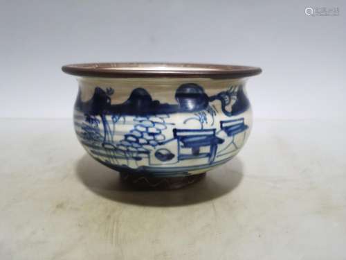 d painted blue and white landscape incense burner of a coupl...
