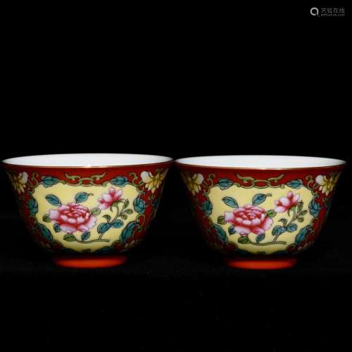 Yongzheng alum red colored enamel flower grain cup a pairHig...