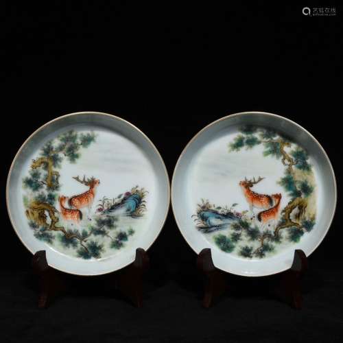 famille rose pine deer tray pairHigh diameter of 13.8 3.5End...