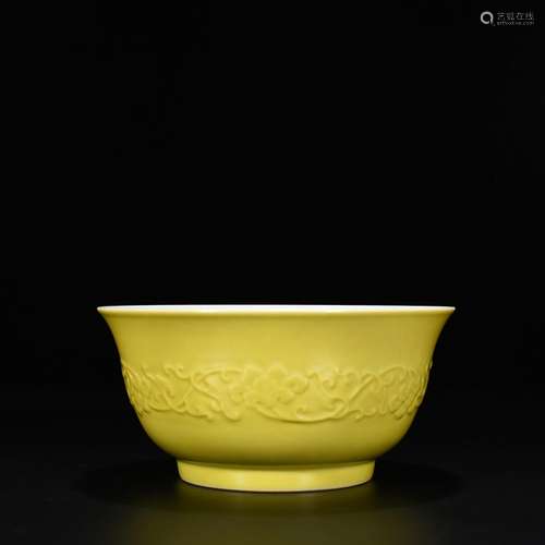 Lemon yellow glazed carved flowers green-splashed bowls 9.5 ...