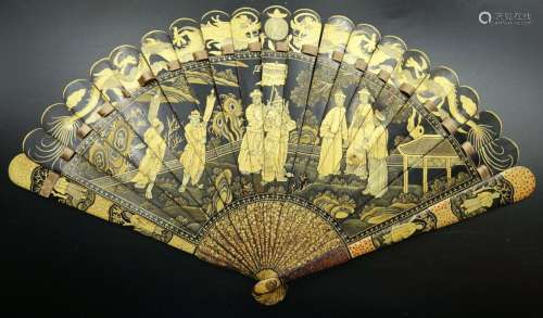 Late 18th Chinese MUSEUM PIECE Hand Fan Lacquered Wood Black...