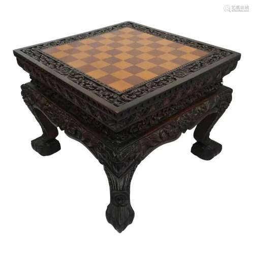 Early 20th Century Chinese Carved Wood Game Table With Check...