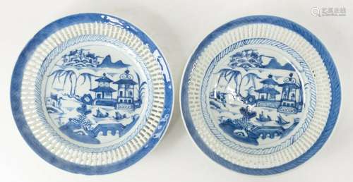 Antique Chinese Export Canton Blue and White Reticulated Pla...