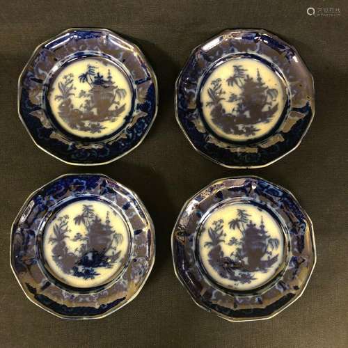 Antique Vintage Flow Blue Chen-Si SET OF FOUR Ironstone Plat...