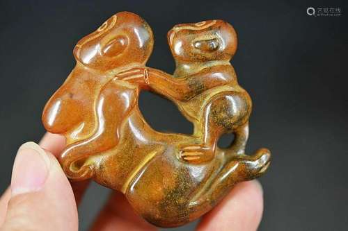 Delicate Chinese Old Jade Carved *Monkey* Pendant A2