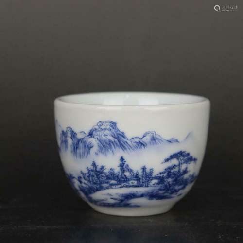 Chinese Blue and White Porcelain Qing Qianlong Landscape Des...