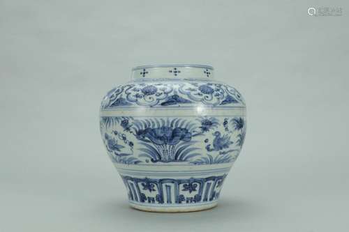 Blue and white lotus pond, mandarin duck potSize: 23 abdomin...