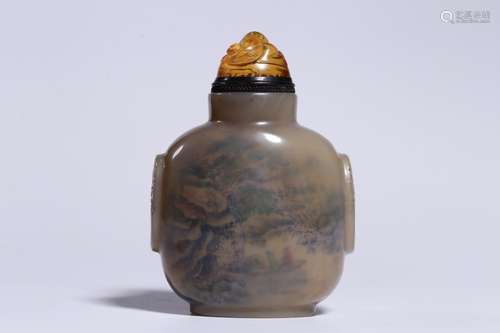 , agate snuff bottle triangle flowers pattern circle scenery...