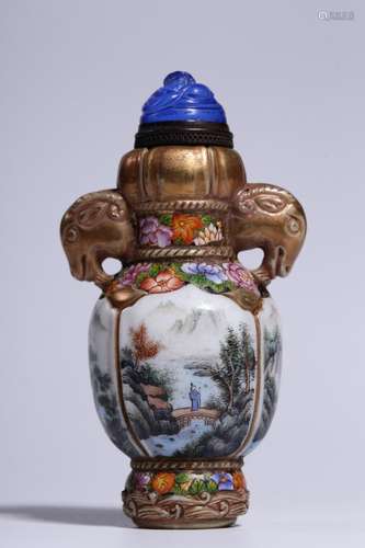 , "" colored enamel shanshui landscape ear snuff b...