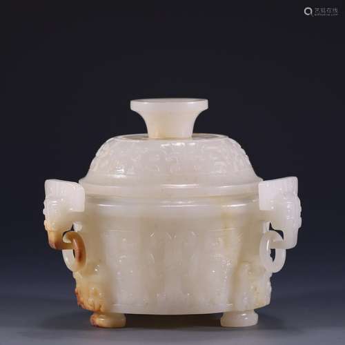 Hetian jade three ear furnace10.5 cm high, and the mouth ear...