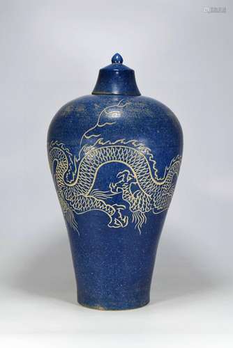 Blue glaze carving dragon plum bottle50 cm high 28 cm in dia...