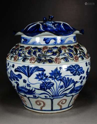 Blue and white youligong glaze hand pinch flower heap carved...