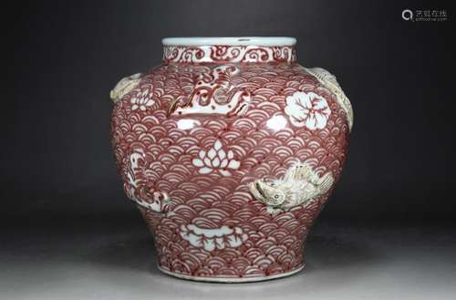 Youligong glaze heap carved white porcelain seawater fish gr...