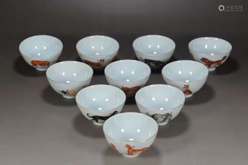 Colored enamel ten dogs perfect grain cup set price5.5 cm hi...