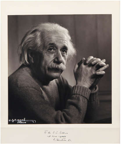 现代摄制 爱因斯坦与尤琴夫卡希双签名照 一框