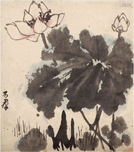 焦可群（1930-）国画《荷花》 现代 纸本托片 一幅