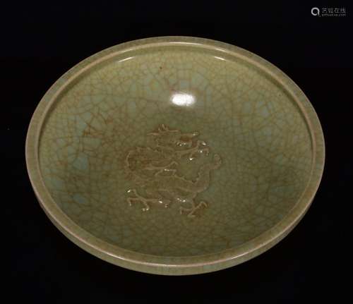 Royal blue glaze carved dragon plate 7 * 25 m