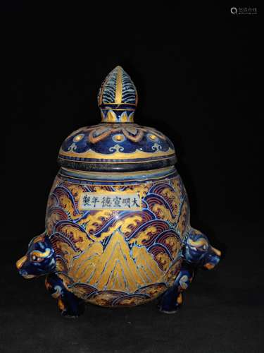 , ji blue glaze colorful paint smoked incense burner, can on...